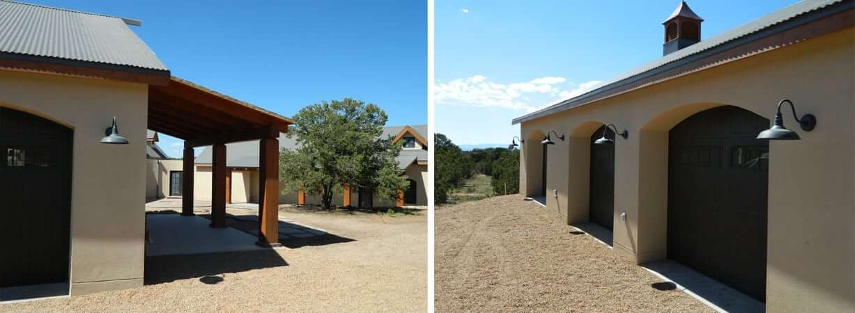Two pictures of a Santa Fe garage with two doors.