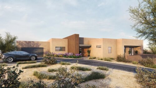 A rendering of a Santa Fe style adobe home in Arizona.