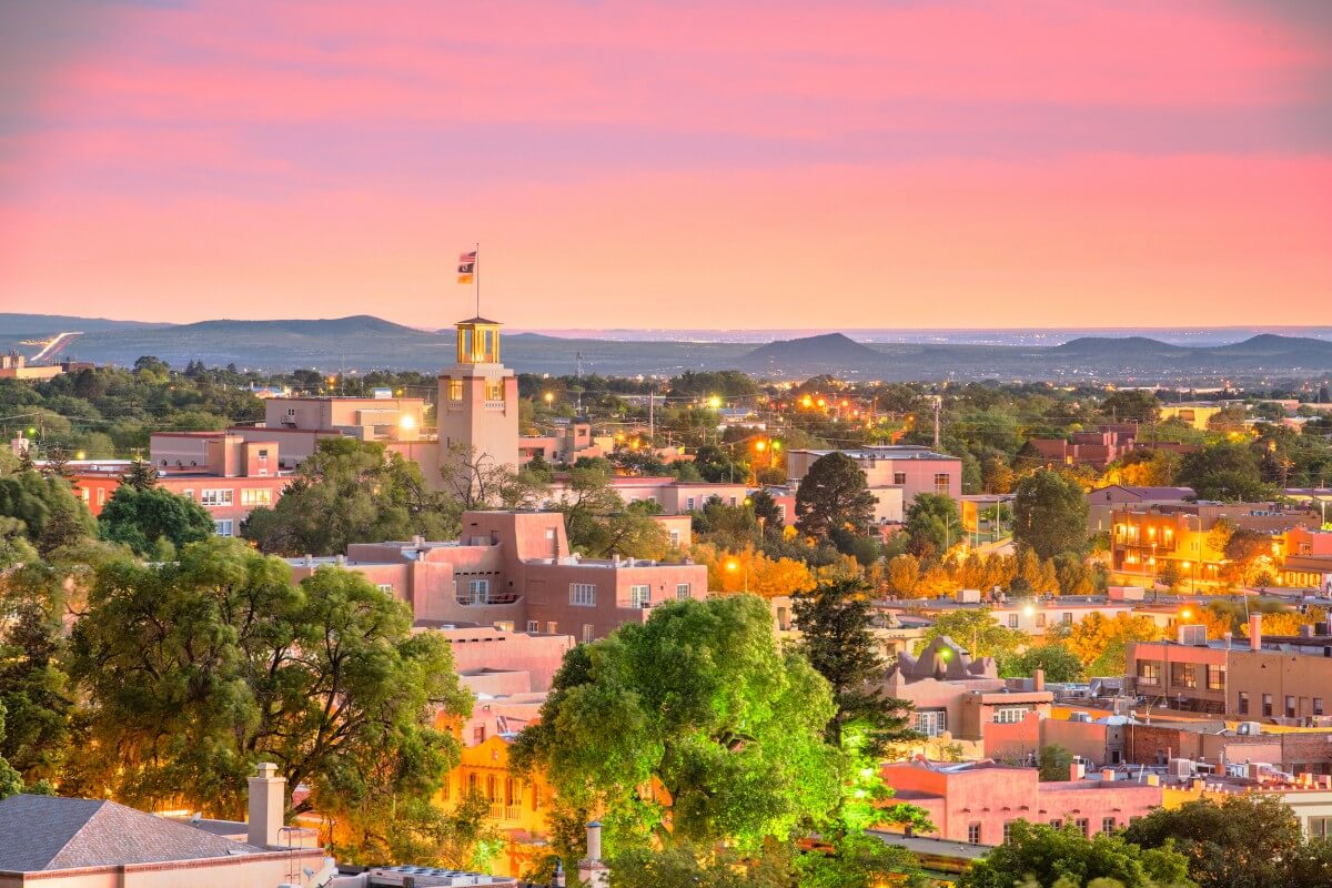 The city of Santa Fe, New Mexico at sunset.
