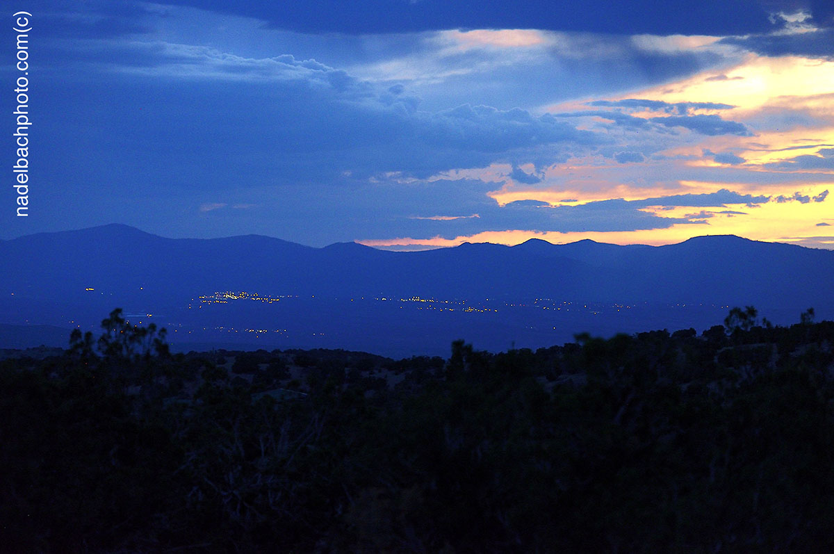 A view of the mountains at dusk, designed by an architect in Santa Fe.