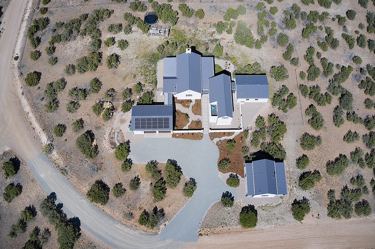 An architecturally designed house in the Santa Fe desert.