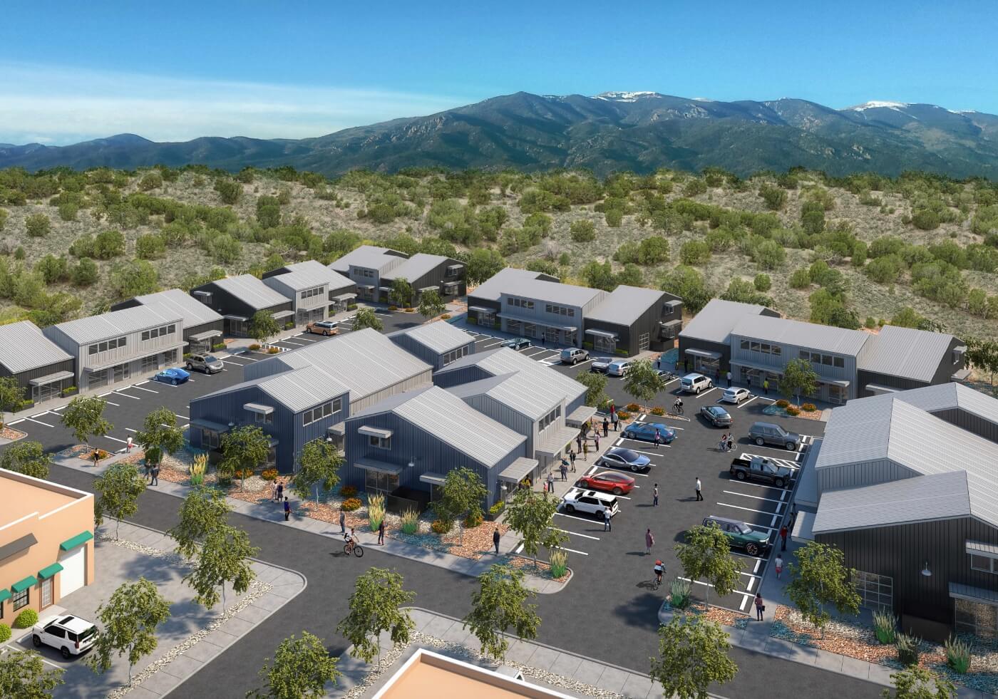 An architect's rendering of a residential area with mountains in the background.