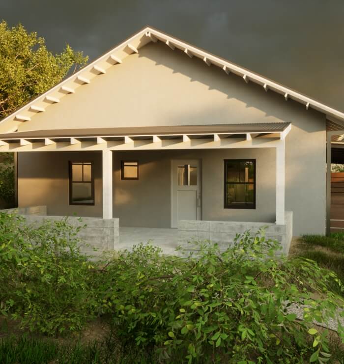 A Santa Fe-inspired rendering of a small house with a porch, designed by a home designer.