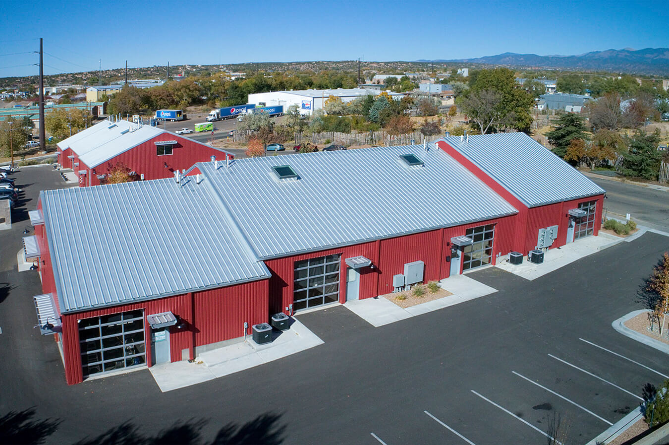 An aerial view of a red building.