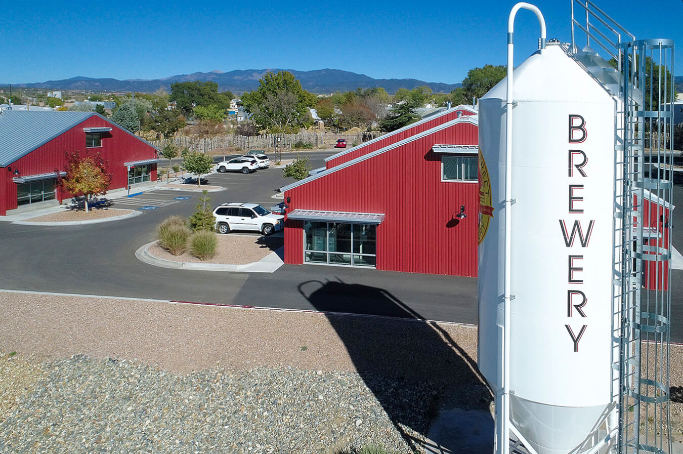 An aerial view of a brewery in Santa Fe.