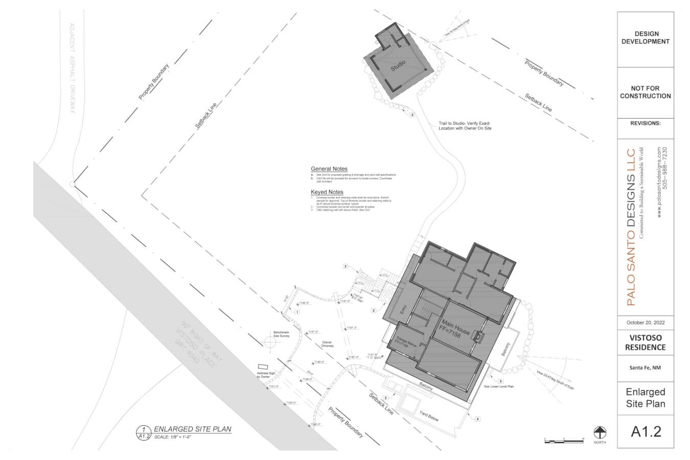 Architectural site plan illustrating the Vistoso Residence layout, featuring the main house, guest house, landscaping, and utility lines, all clearly labeled with a north arrow for orientation.
