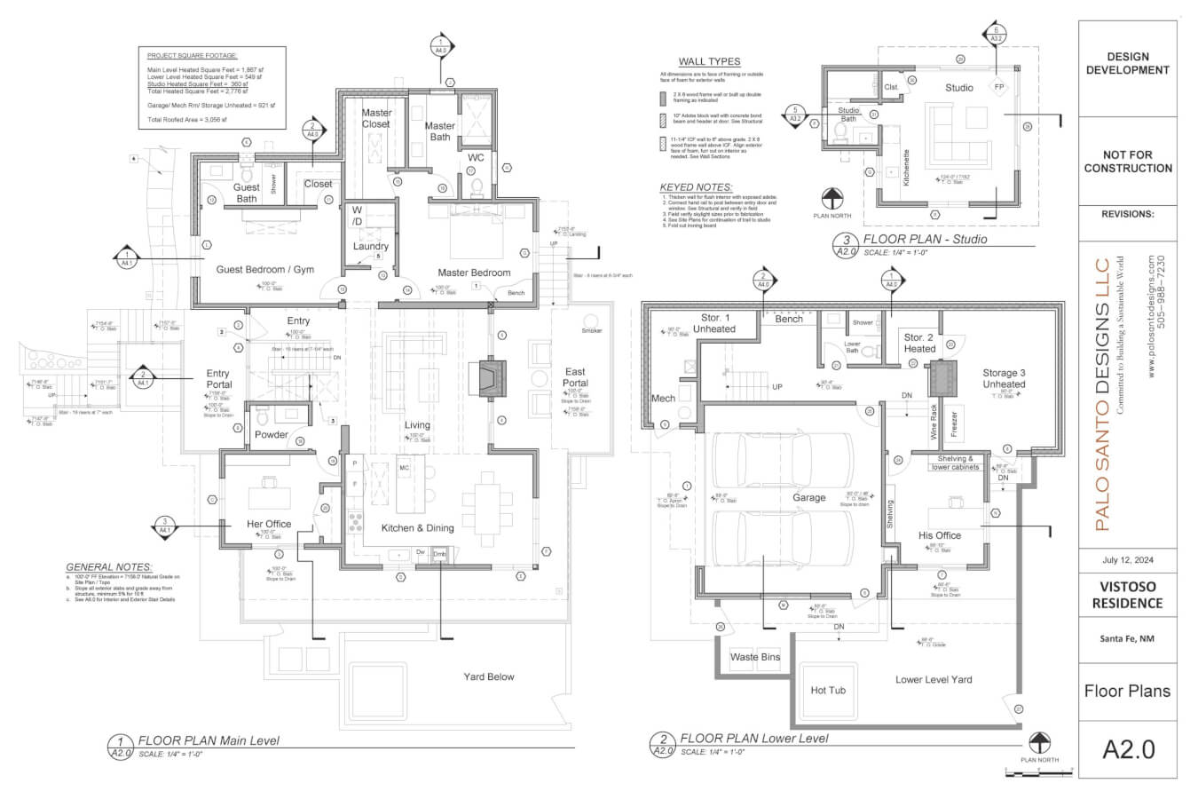 Architectural floor plans showing the main level and studio layout for a residence, with labeled rooms, dimensions, wall types, and general design notes.