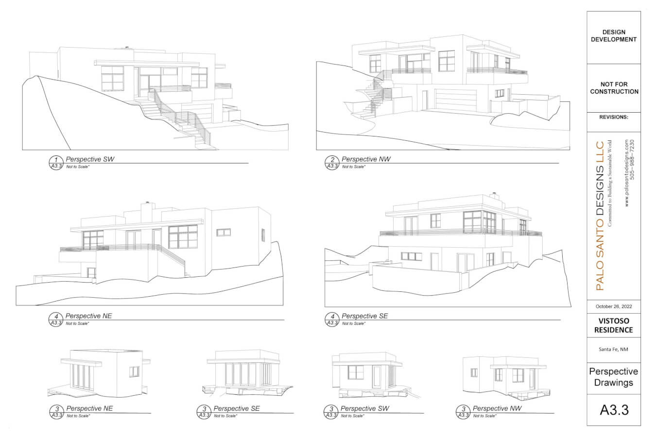Architectural plan sheet showing six black and white perspective drawings of the Vistoso Residence, a multi-story house viewed from SW, NW, NE, SE, N, and S angles, with title block on the right.