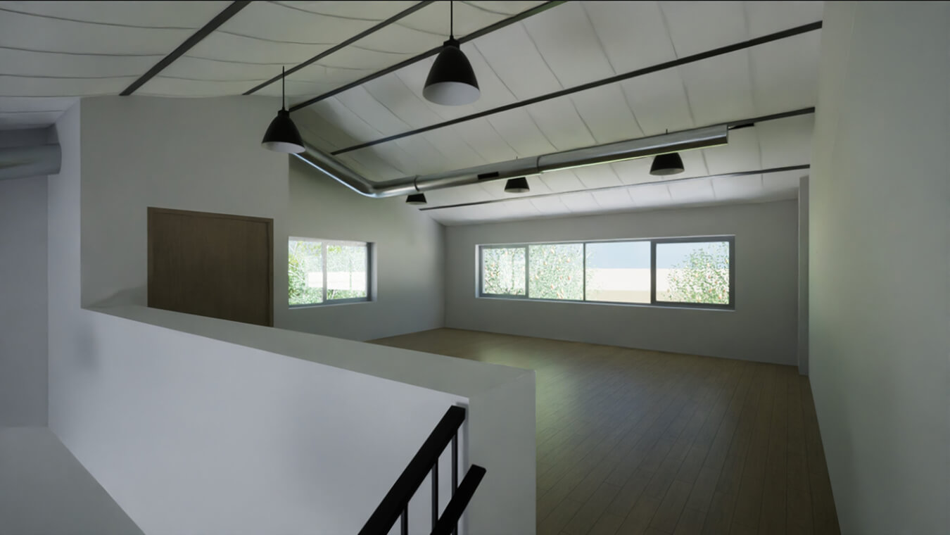 A 3d rendering of a room with white walls and wooden floors designed by an architect.