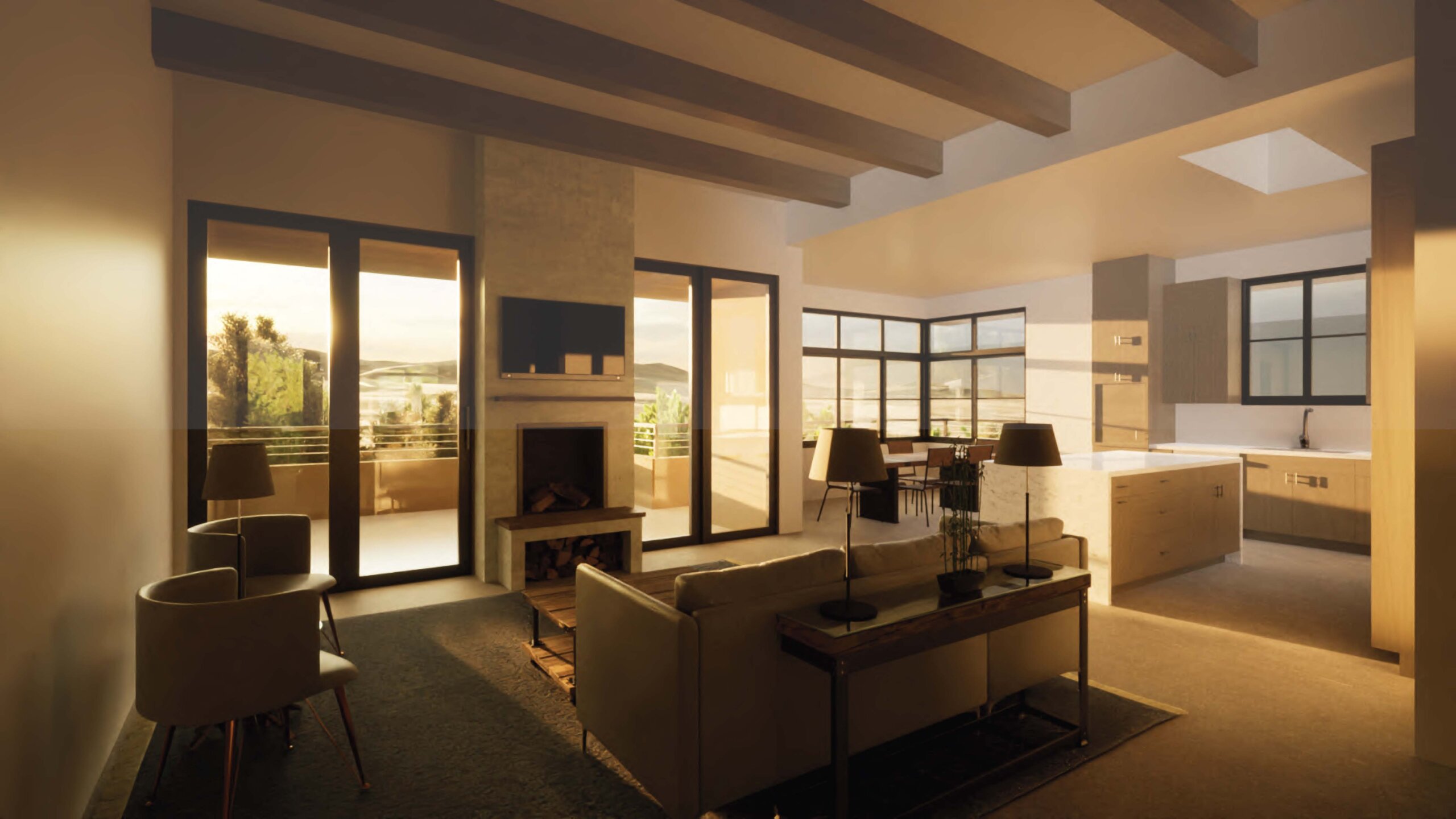 A 3D rendering of a Santa Fe style living room and kitchen.