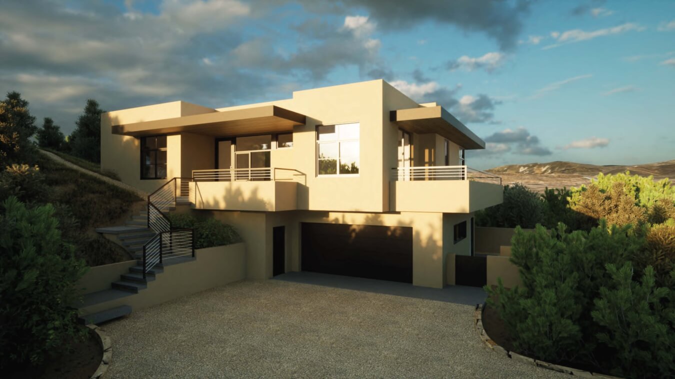 3d rendering of a modern house on a hillside designed by an architect.