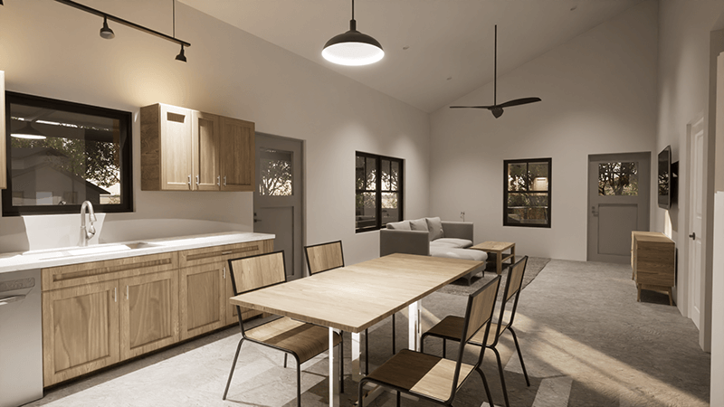 A 3D rendering of a Santa Fe style kitchen and dining area designed by a home designer.