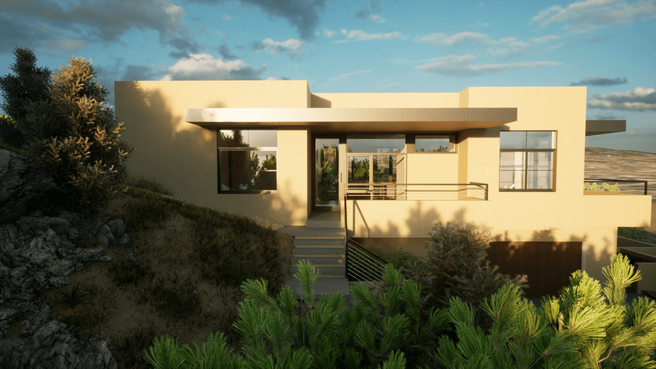 Modern yellow Vistoso Residence with large windows, a flat roof, and a staircase leading to the entrance, surrounded by greenery and rocky terrain under a partly cloudy sky.