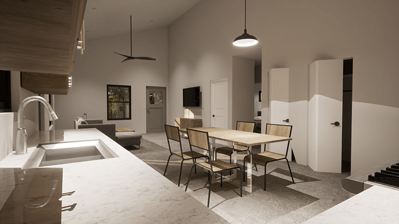 A 3d rendering of a kitchen and dining room designed by a home designer.