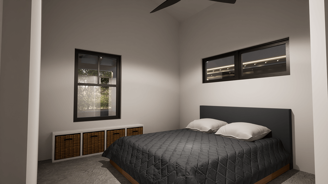 A Santa Fe-inspired 3d rendering of a bedroom with a bed and window, designed by a talented home designer.