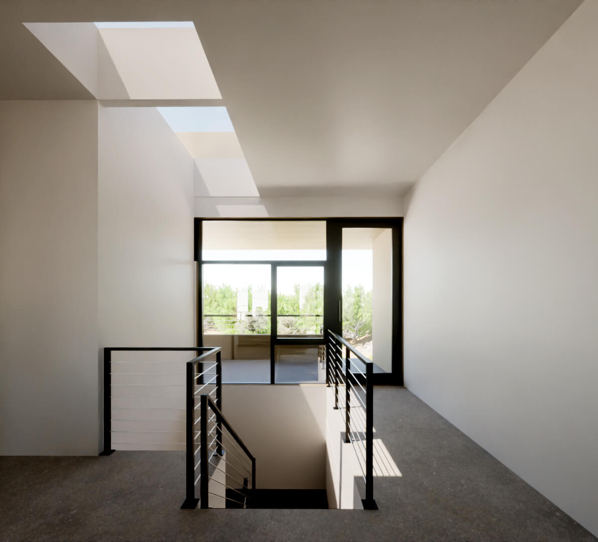 A Santa Fe home designer's architectural masterpiece, featuring a stunning image of a hallway illuminated by a magnificent skylight.