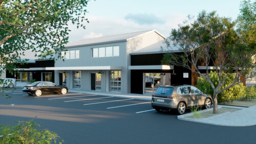 A rendering of a Santa Fe-style building with cars parked in front of it.