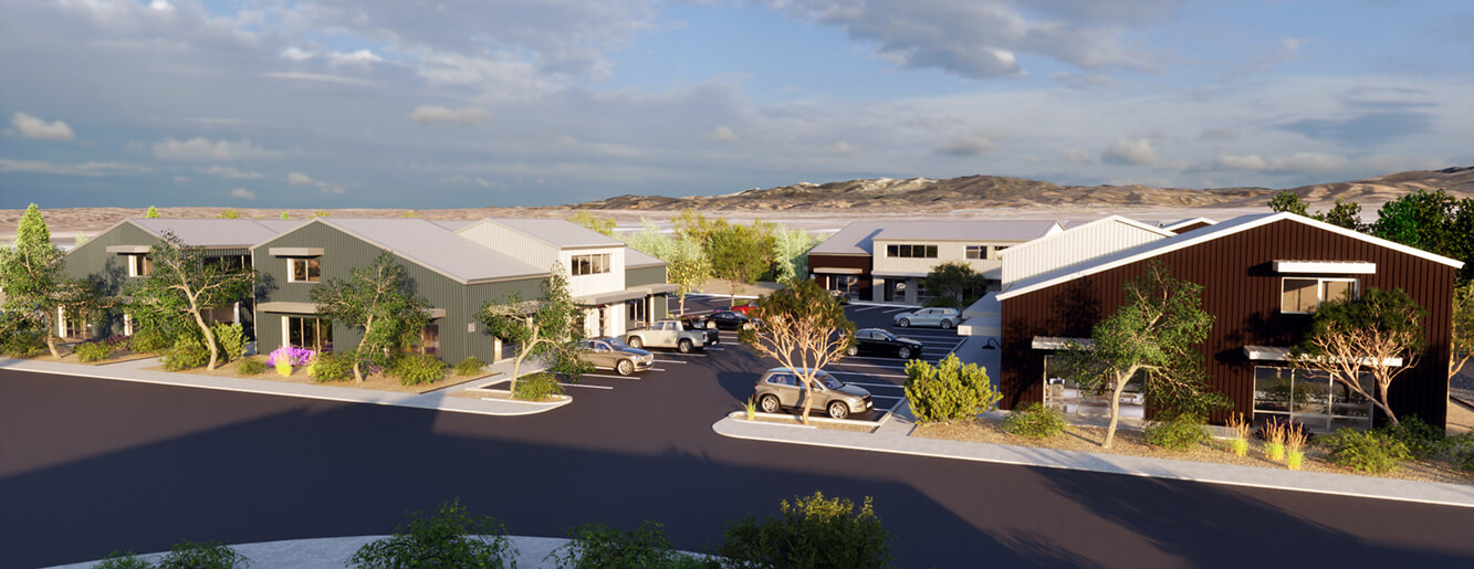 A rendering of a Santa Fe-inspired townhouse development in the desert.