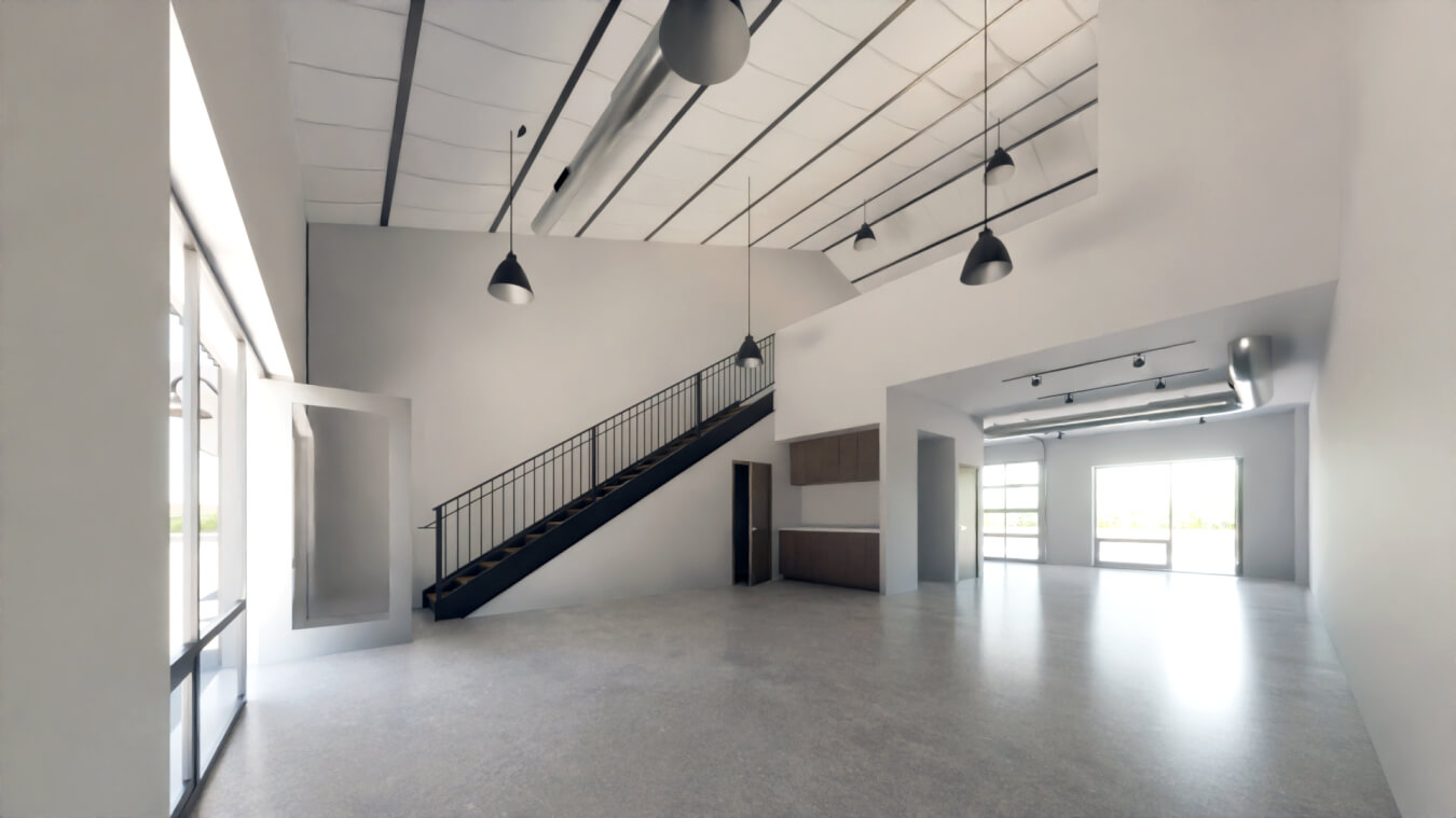 3d rendering of an empty office space by a Santa Fe architect, featuring stairs and lighting.