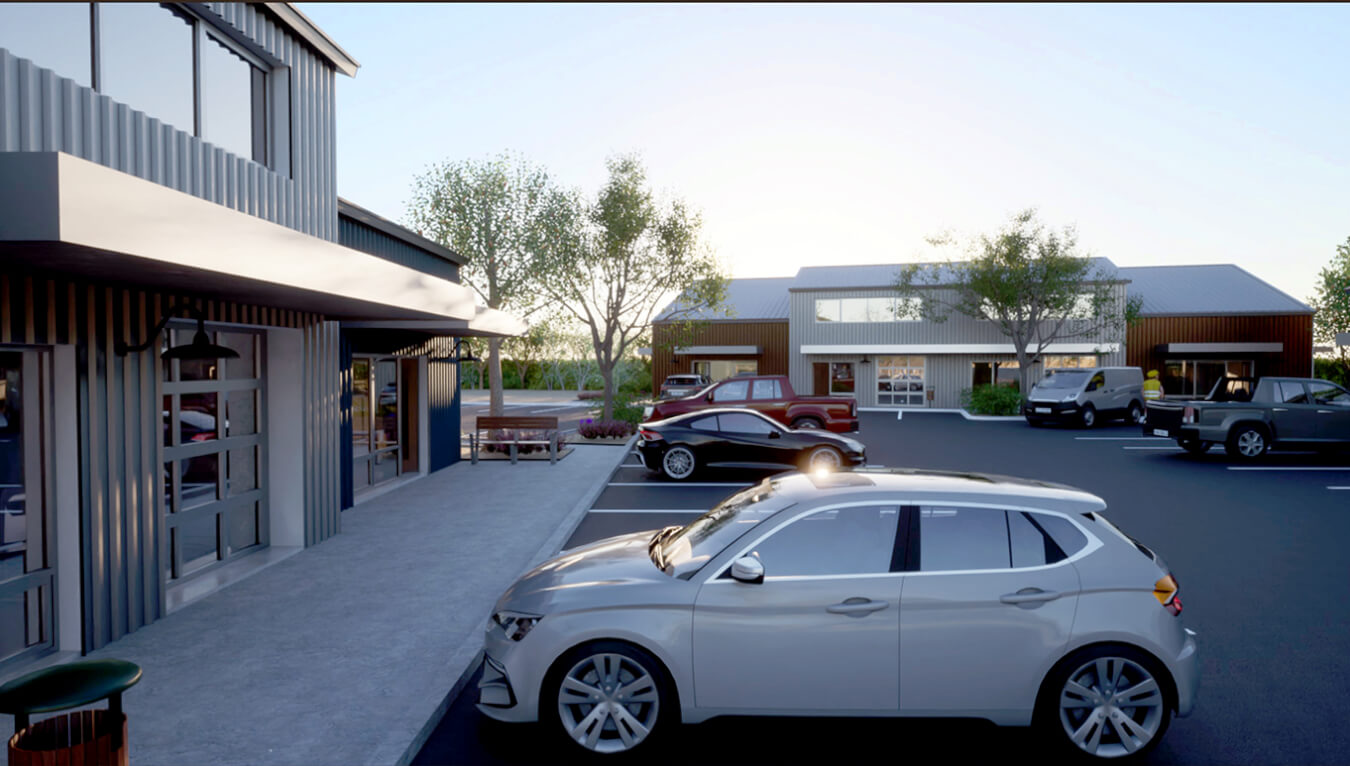 A rendering of a car parked in front of a Santa Fe building.