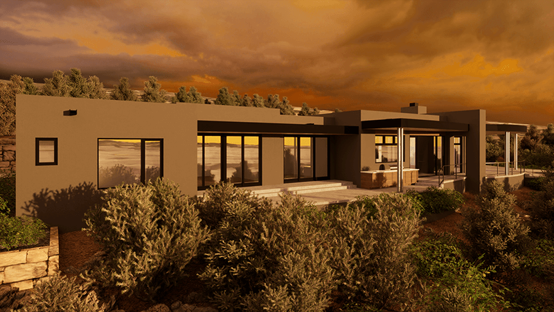 A Santa Fe-style house nestled on a hillside, built by a skilled home builder and contractor.