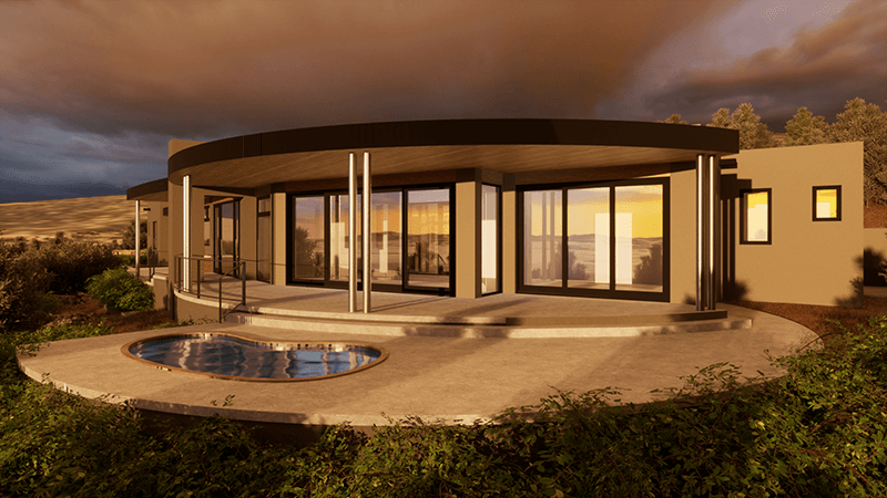 A home designer created a stunning 3D rendering of a house with a pool.