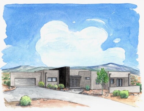 A watercolor drawing of a desert home.