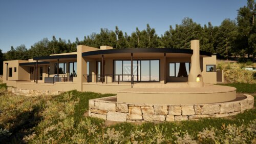 Modern, single-story house with large windows and a circular patio set on a grassy, elevated landscape with trees in the background.