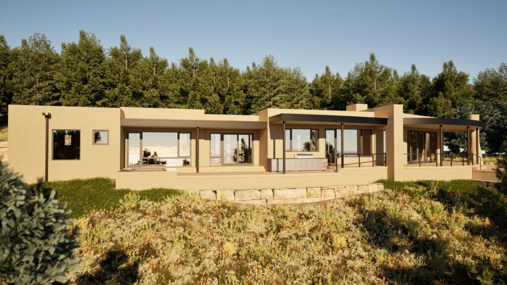 A modern, single-story house with large windows and a flat roof sits on a grassy hillside, with trees in the background.