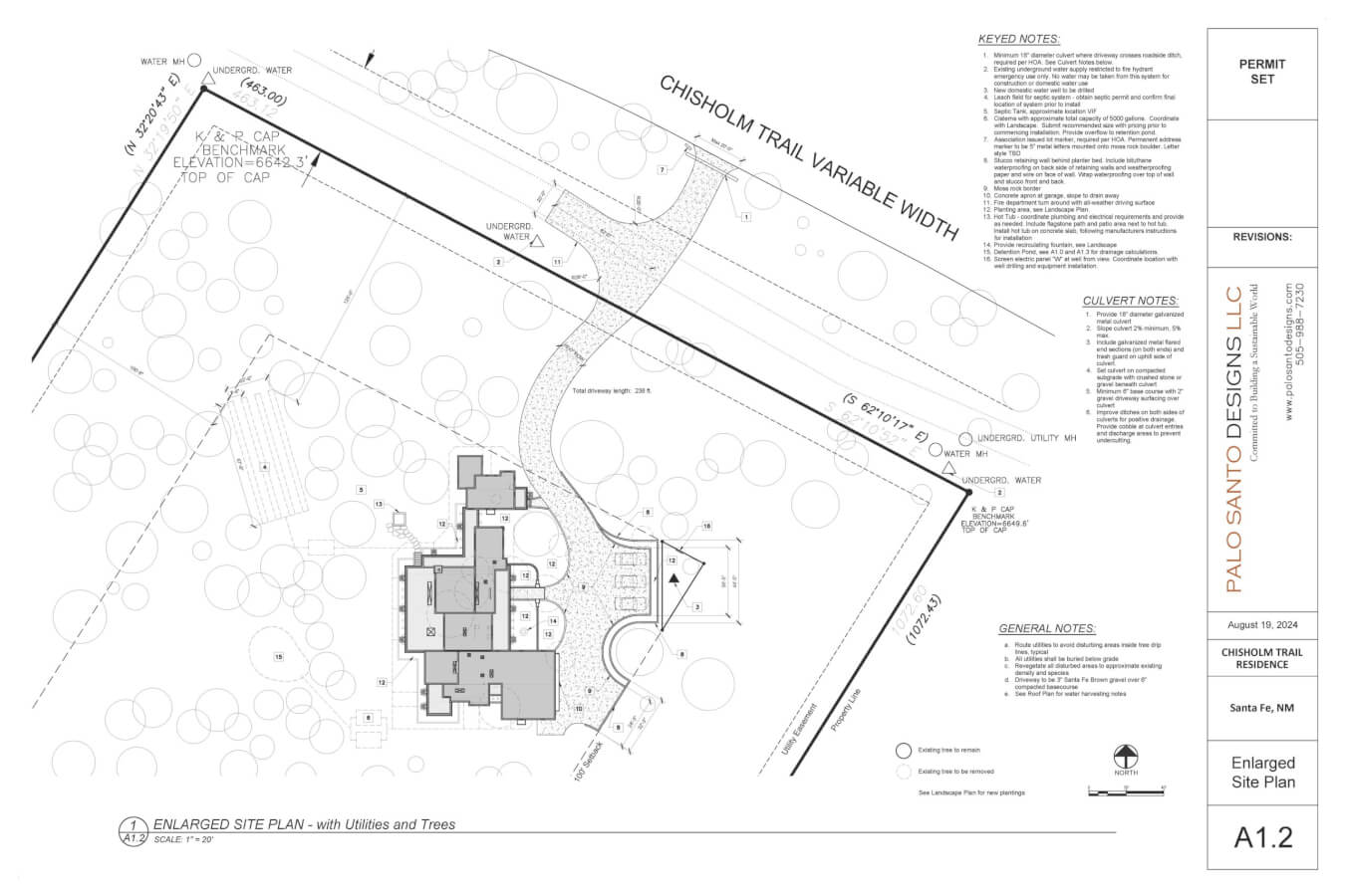 Architectural site plan showing a residence, driveway, pathways, trees, utilities, and property boundaries along Chisholm Trail. Annotations and design notes are included on the right.