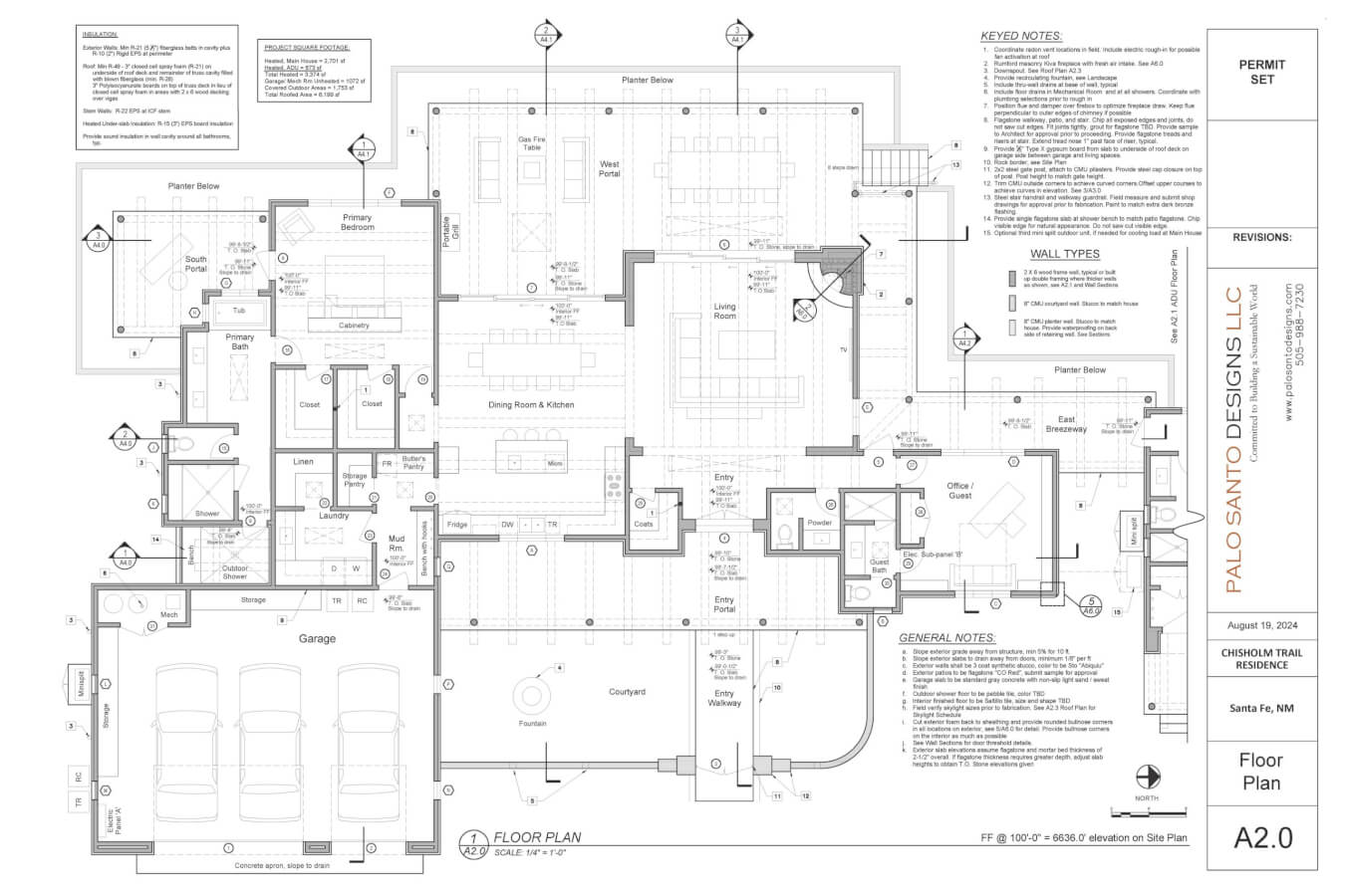 Architectural floor plan of a single-story house shows labeled rooms, garage, courtyard, patio, and notes on construction details. North is oriented upward.