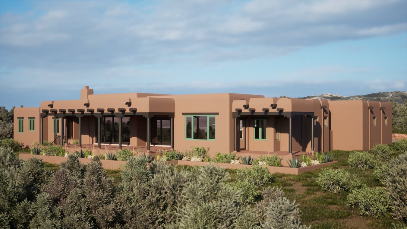 Single-story adobe-style house with flat roofs, wooden vigas, and green-trimmed windows, surrounded by desert vegetation under a partly cloudy sky.