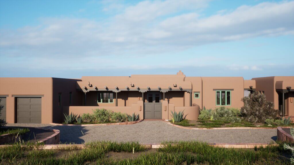 A single-story adobe-style house with flat roofs, stucco walls, and wooden accents, surrounded by desert landscaping and a gravel driveway under a blue sky.