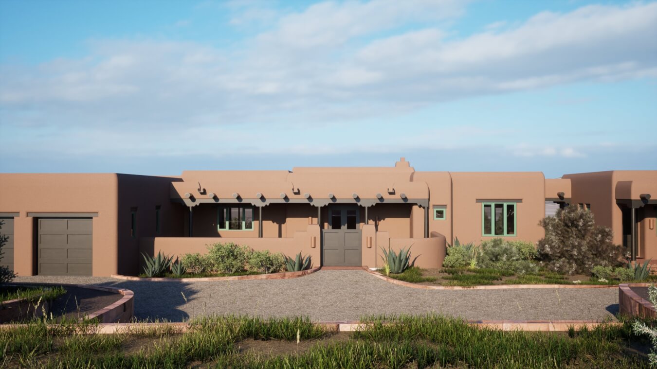 A single-story adobe-style house with flat roofs, stucco walls, and wooden accents, surrounded by desert landscaping and a gravel driveway under a blue sky.