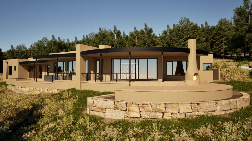 Modern single-story house with large windows, circular patio, and beige exterior, set in a grassy area with trees in the background under a clear sky.
